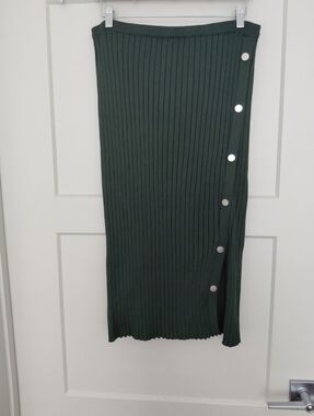 Dark Green Ribbed Knit Pencil Skirt with Side Snap Detail